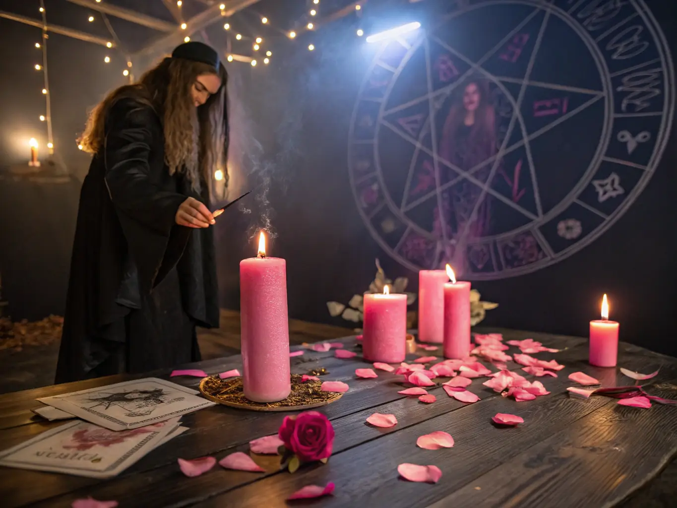 A captivating image of a love spell casting ritual, with candles, herbs, and a focused practitioner.