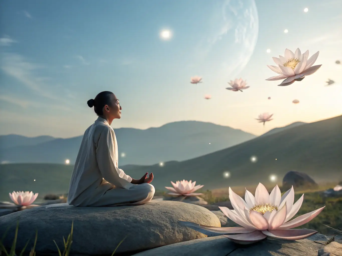 An image depicting a person meditating, surrounded by symbols of spiritual awakening and inner peace.