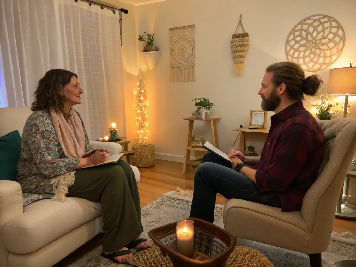 A serene image of a spiritual guide offering advice and support to a client.